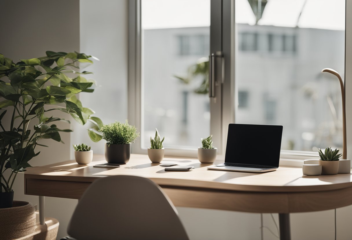 A compact desk with a laptop, plant, and organizer sits in a sunlit corner of a minimalist room with neutral tones and sleek, modern furniture