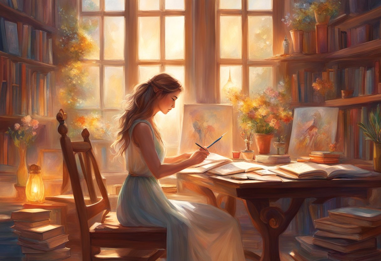 An artist sits at a desk, sketching body proportions. Reference books and art supplies are scattered around. The window lets in natural light, illuminating the workspace