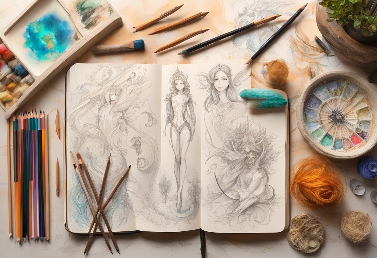 A variety of drawing tools and styles scattered on a work table, including pencils, markers, and brushes. A sketchbook with various body poses and anatomy references