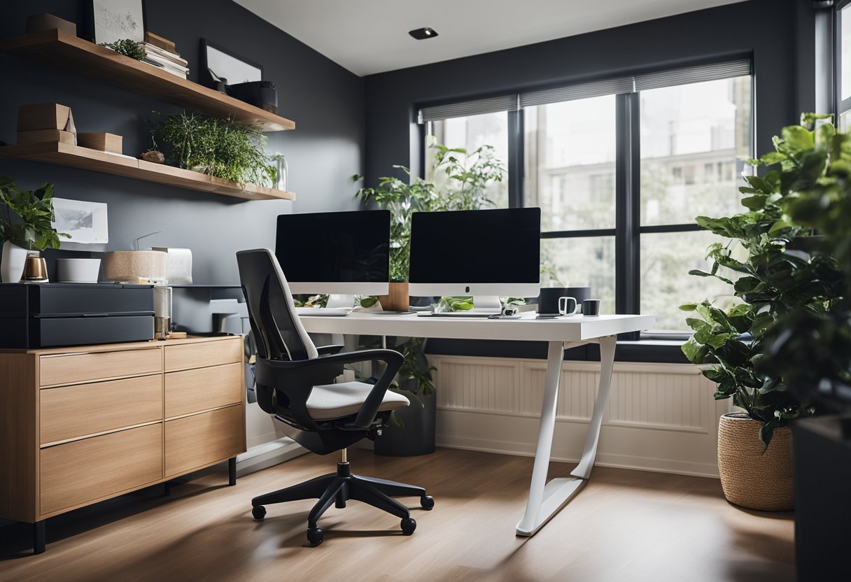 A modern home office with sleek furniture, integrated technology, and natural lighting. A standing desk, ergonomic chair, and smart storage solutions are featured