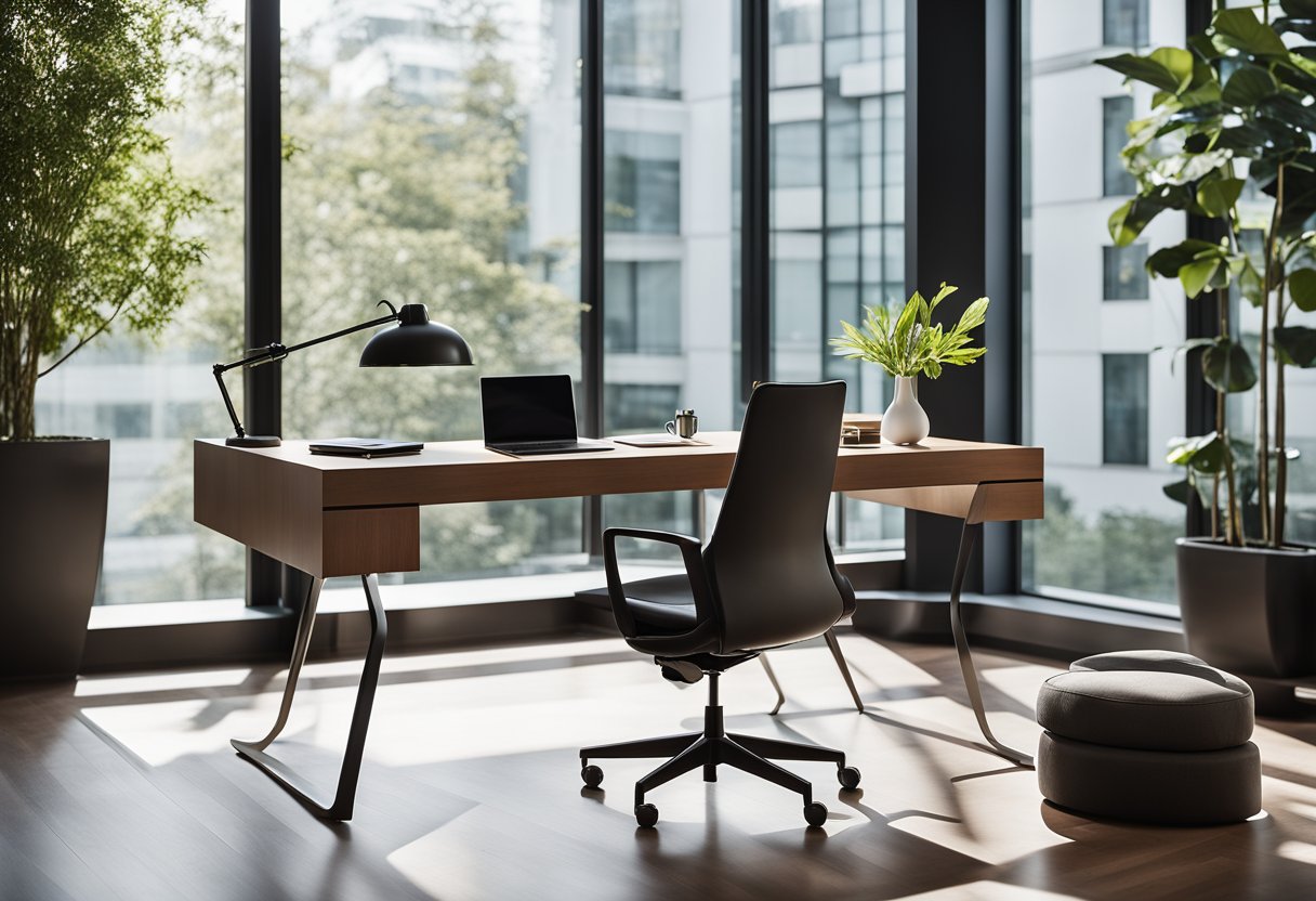 A sleek, minimalist desk sits against a backdrop of floor-to-ceiling windows, allowing natural light to flood the modern home office. A statement chair and carefully curated decor add a touch of personality to the space
