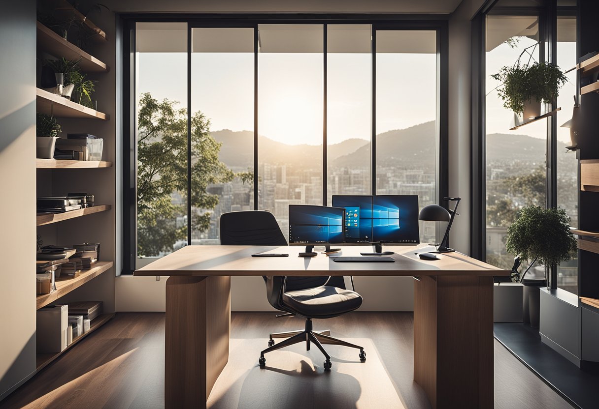 A sleek, minimalist home office with integrated smart technology, adjustable standing desk, and natural light streaming in through large windows