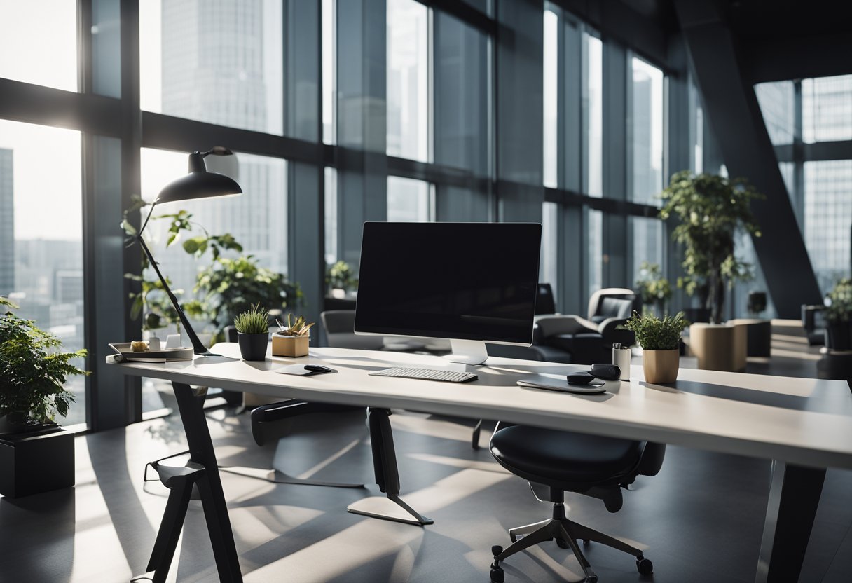 A sleek, minimalist desk sits against a backdrop of floor-to-ceiling windows, with a modern ergonomic chair and a variety of high-tech gadgets and accessories neatly arranged on the desk