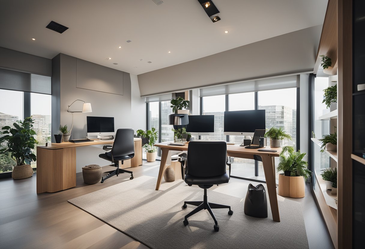 A modern home office with natural light, ergonomic furniture, and integrated technology for a seamless work-from-home experience