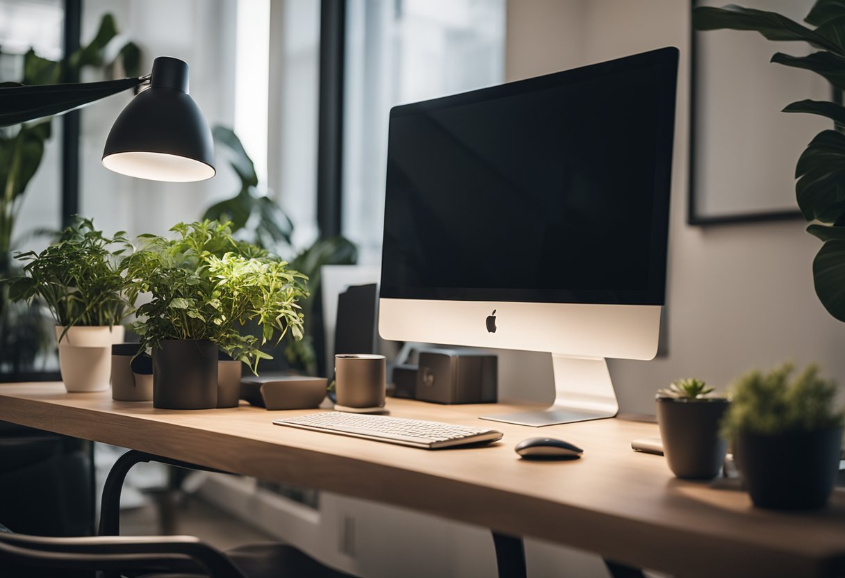 A modern home office with ergonomic furniture, natural lighting, and integrated technology. Plants and minimalistic decor create a calming and productive environment