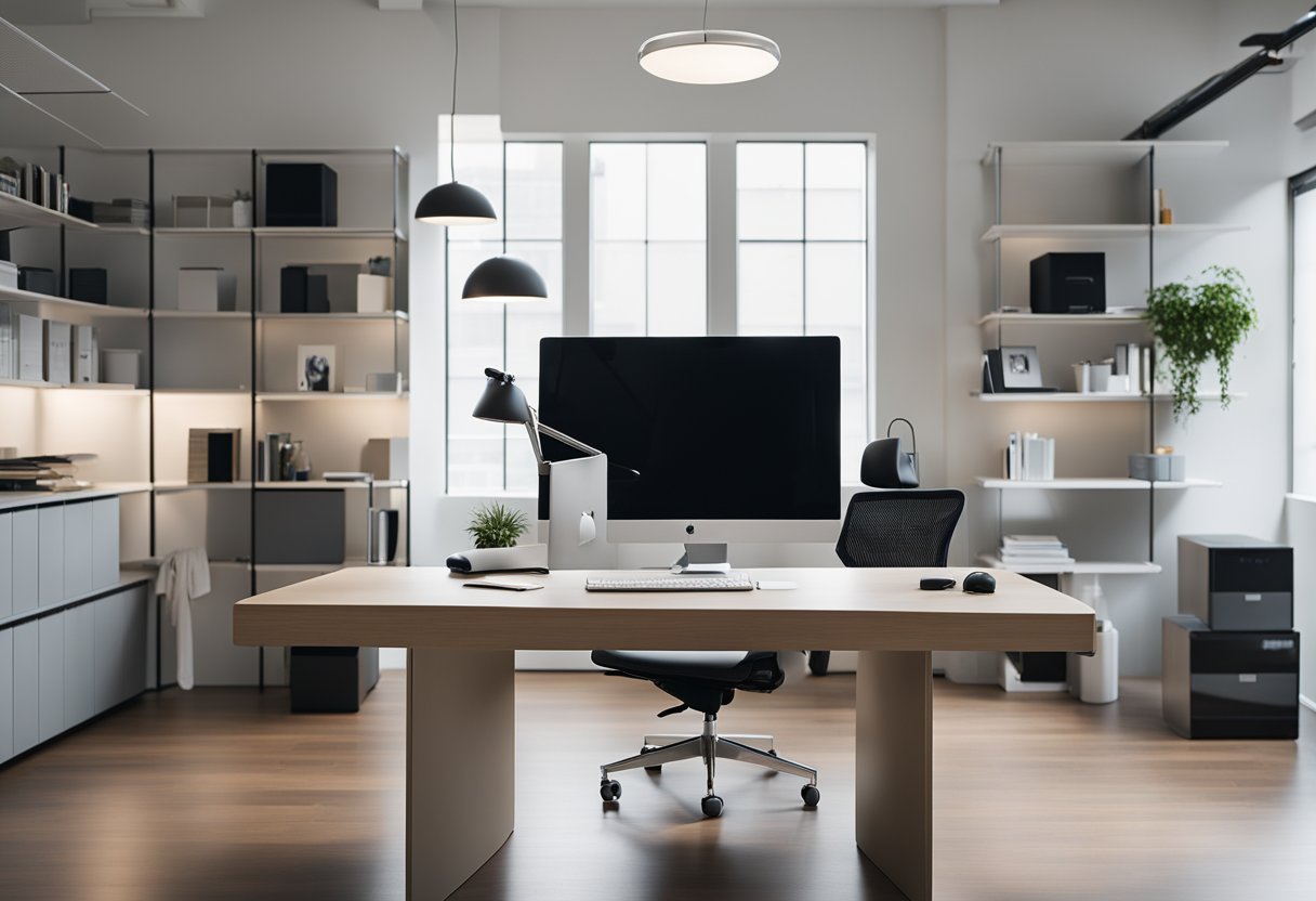 A sleek, minimalist home office with integrated technology, flexible furniture, and natural lighting. A standing desk, ergonomic chair, and smart storage solutions create a modern and efficient workspace