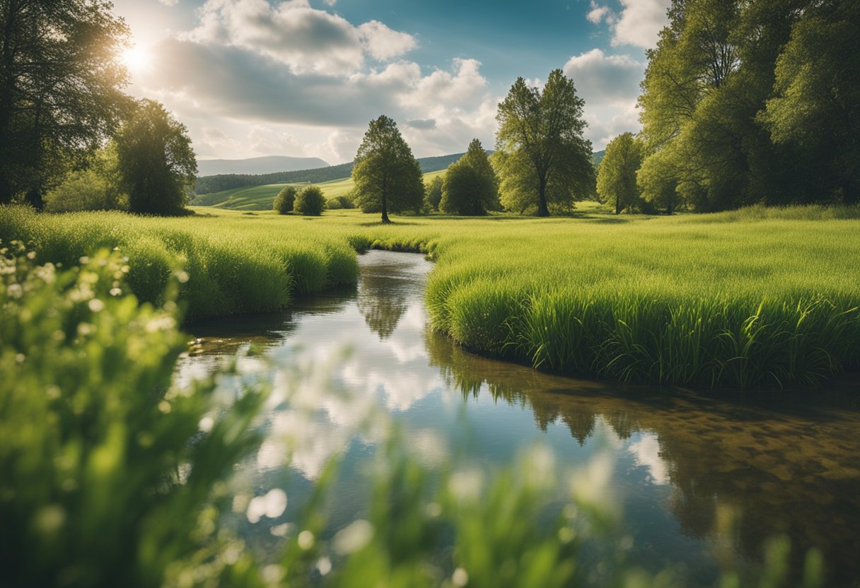 A peaceful meadow with a gentle stream, surrounded by green pastures and still waters, under a comforting sky