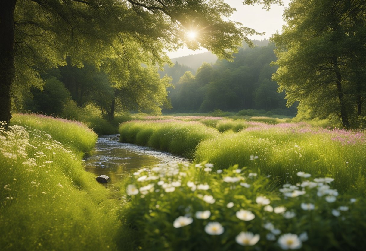 A serene, sunlit meadow with a gentle stream winding through, surrounded by lush greenery and blooming flowers, evoking a sense of peace and tranquility