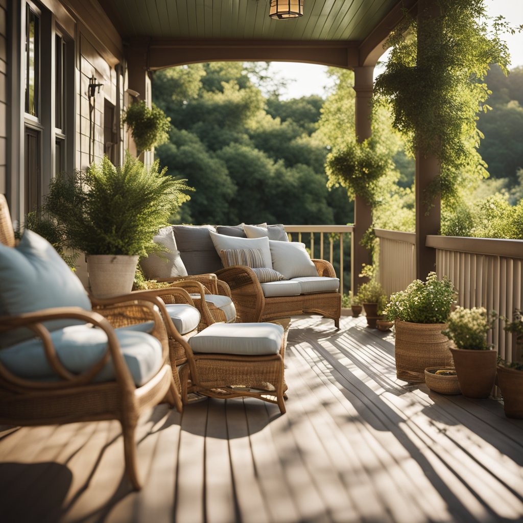 a porch with furniture and plants