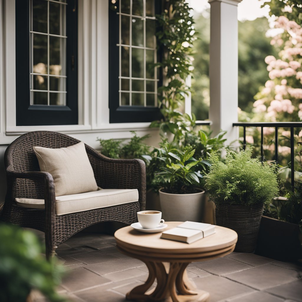 A cozy porch with comfortable seating, potted plants, and soft lighting. A book and a cup of tea sit on a small table, inviting relaxation and connection with nature