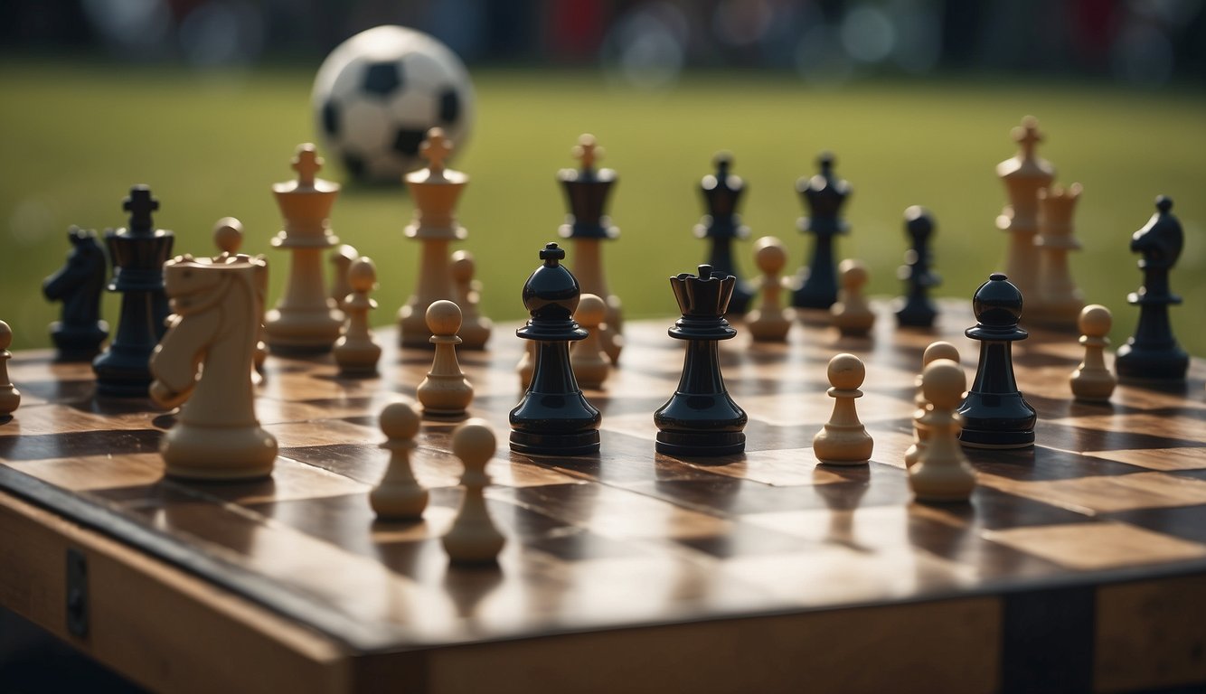 Players compete in a soccer match on a field, while others play chess at a table nearby. The soccer players are running and kicking a ball, while the chess players are focused on moving their pieces strategically