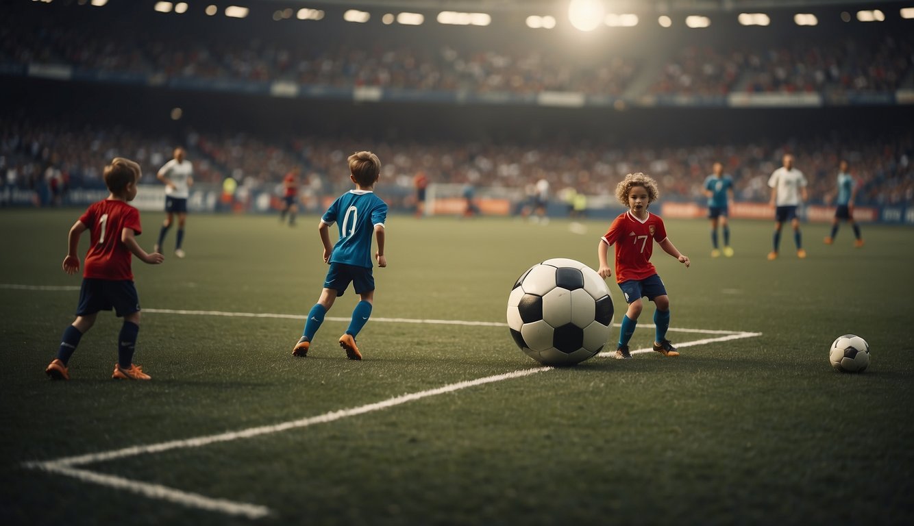 A soccer field with players of different ages and abilities, alongside a gaming convention with people of diverse backgrounds playing various video and board games