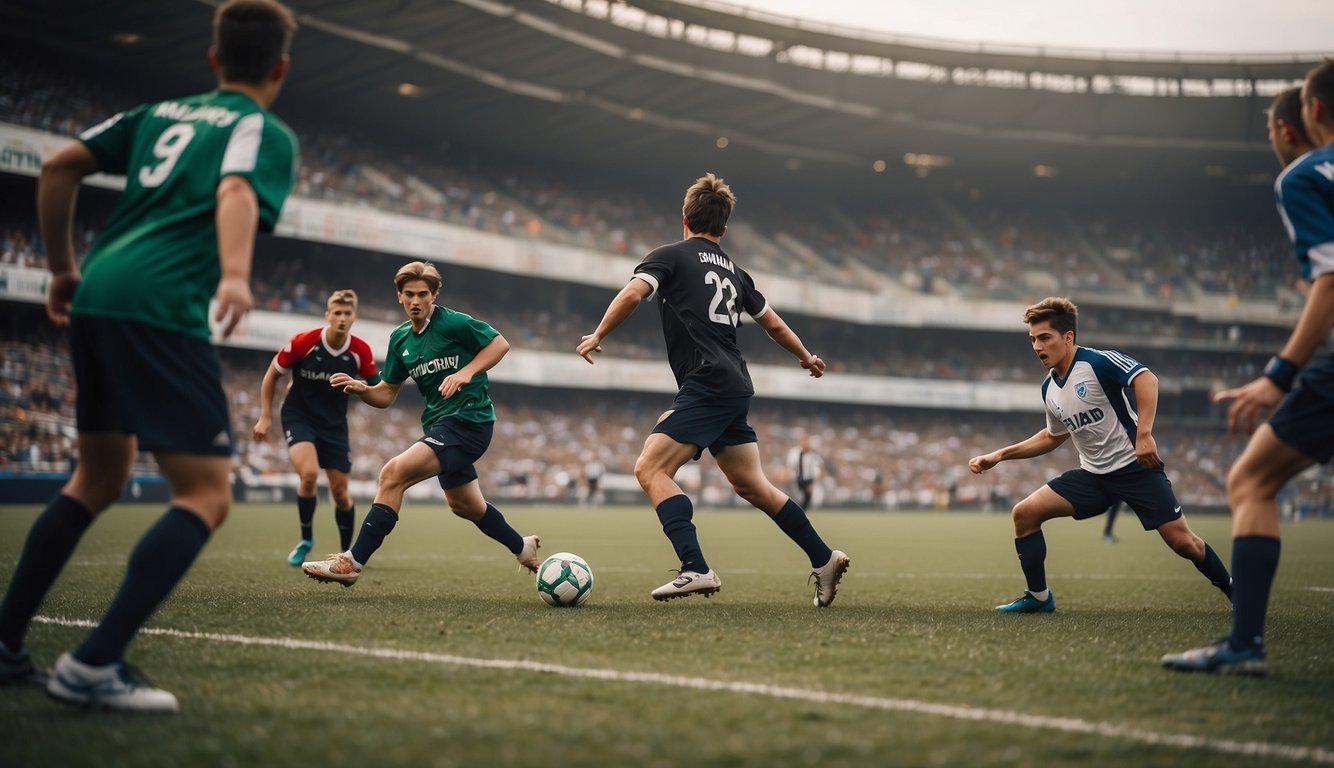 Players compete in a stadium and a park, showcasing the contrast between organized sports and recreational games