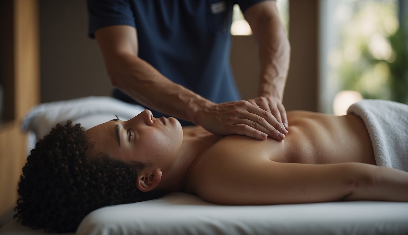 A person receiving a sports massage on one side, while another person receives a deep tissue massage on the other side. The two massage techniques are being compared