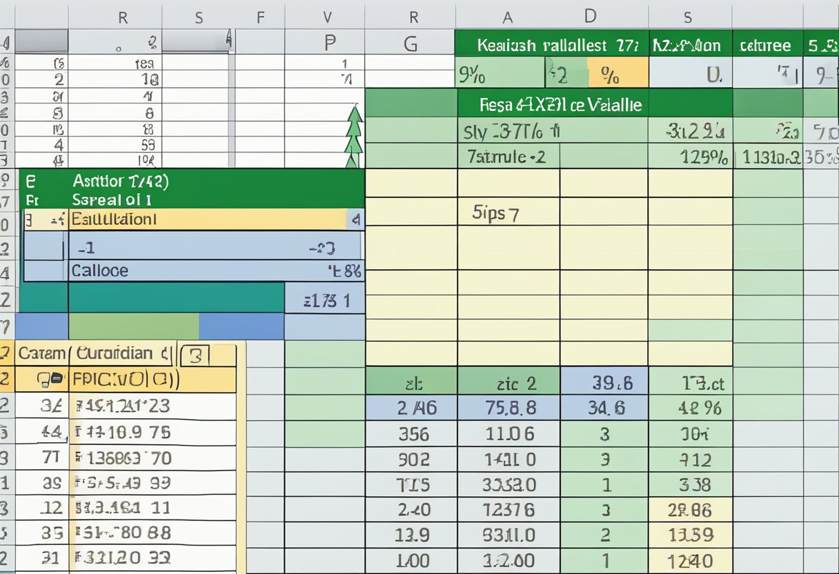 A computer screen showing an Excel spreadsheet with statistical data. A cursor highlights the formula bar displaying the calculation for the p value