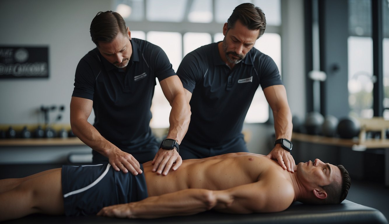 A sports massage scene with a focus on stretching and mobilizing muscles, emphasizing movement and flexibility. A deep tissue massage scene with a focus on applying firm pressure to release muscle tension and promote relaxation