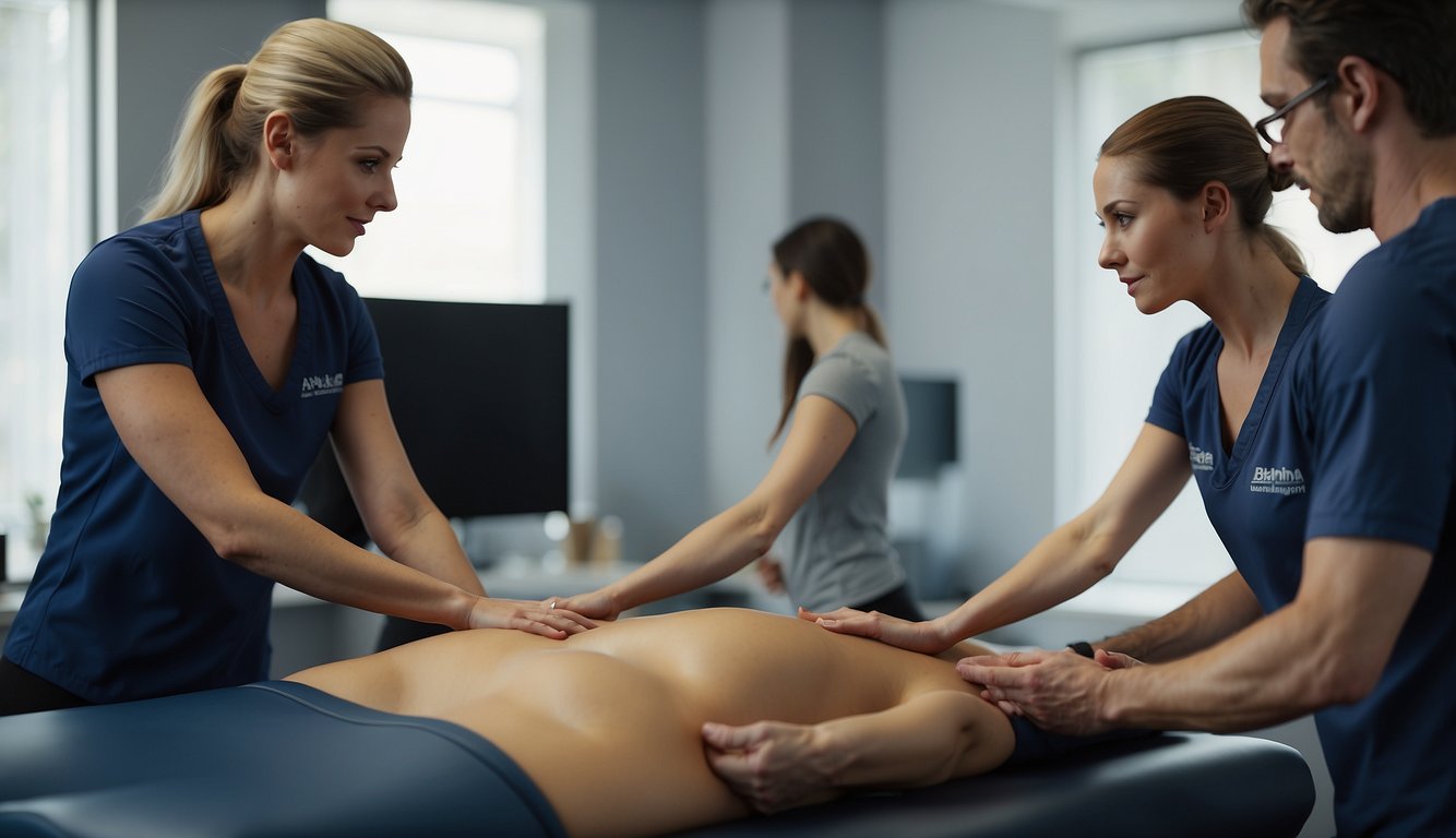 A person deciding between sports massage and deep tissue, with a massage table and two massage therapists discussing the benefits of each technique