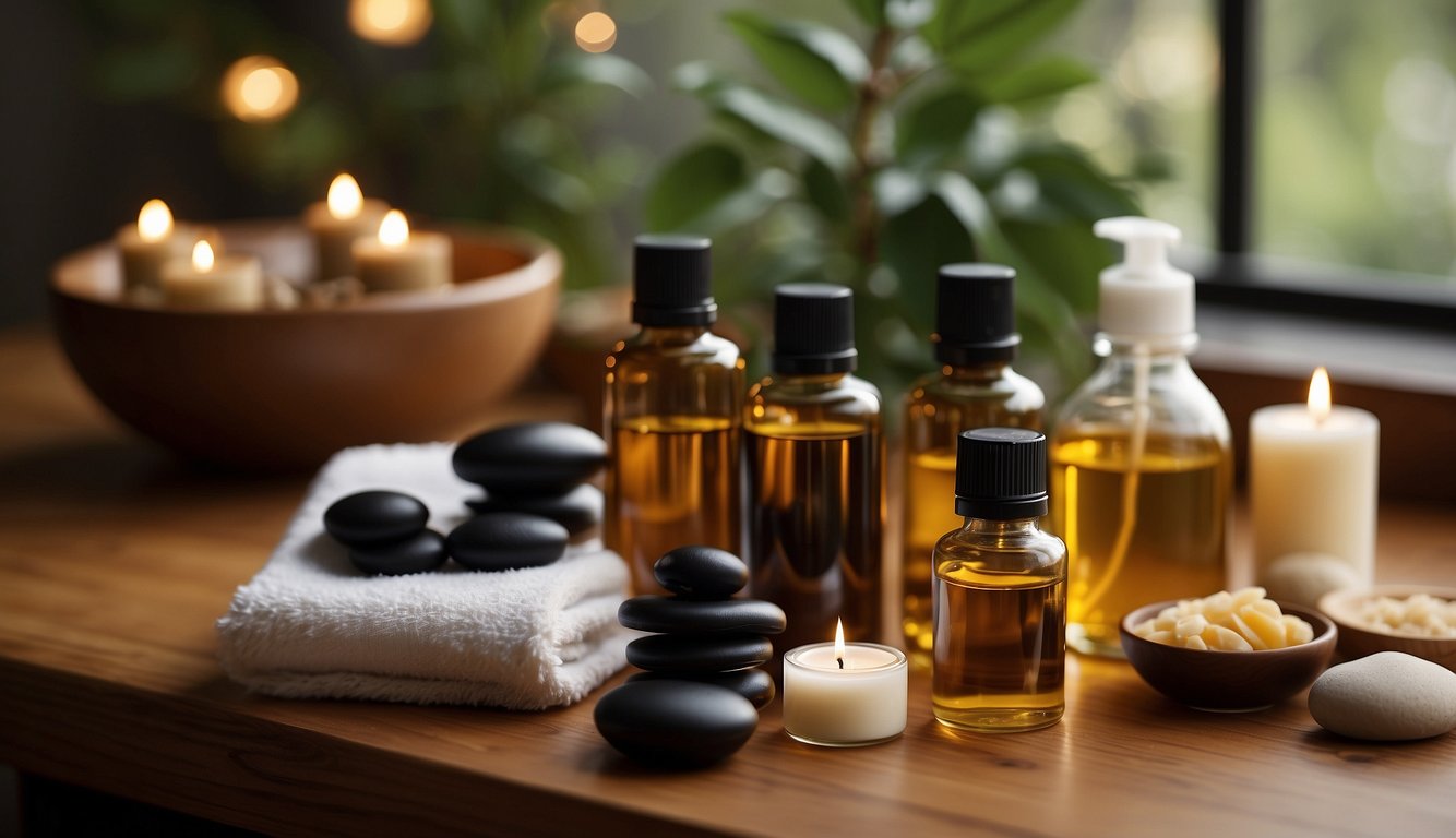 A massage table with two distinct massage oils and various massage tools arranged neatly on a counter