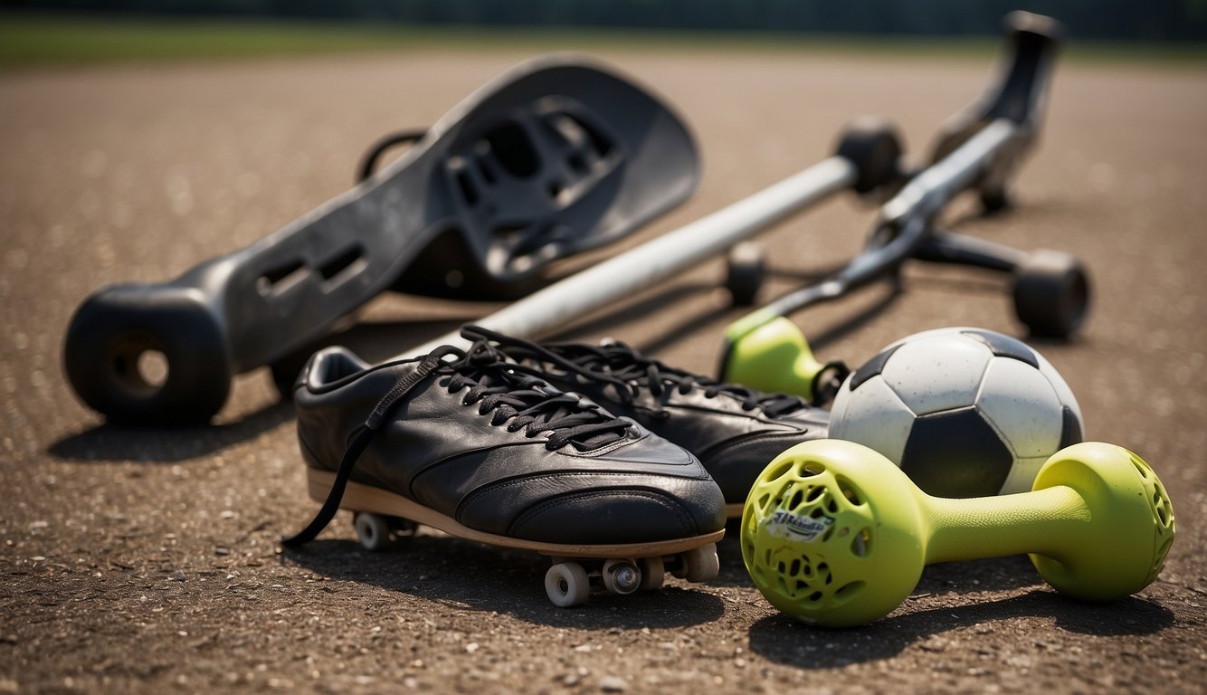 Athletic equipment scattered on the ground, with a broken skateboard and twisted ankle brace, alongside a torn soccer ball and a fractured hockey stick