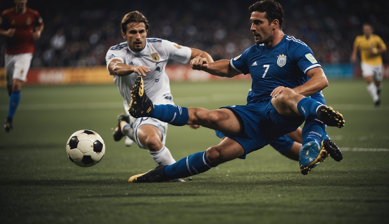 A soccer player collides with another player, causing a potential injury