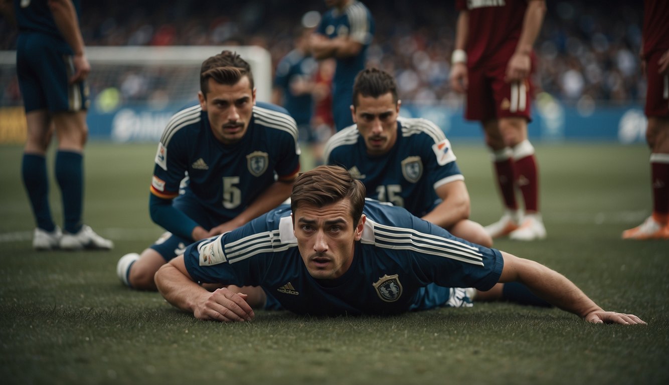 A soccer player lies on the ground, clutching their injured knee. Teammates surround them, looking concerned. The coach stands nearby, holding their head in frustration