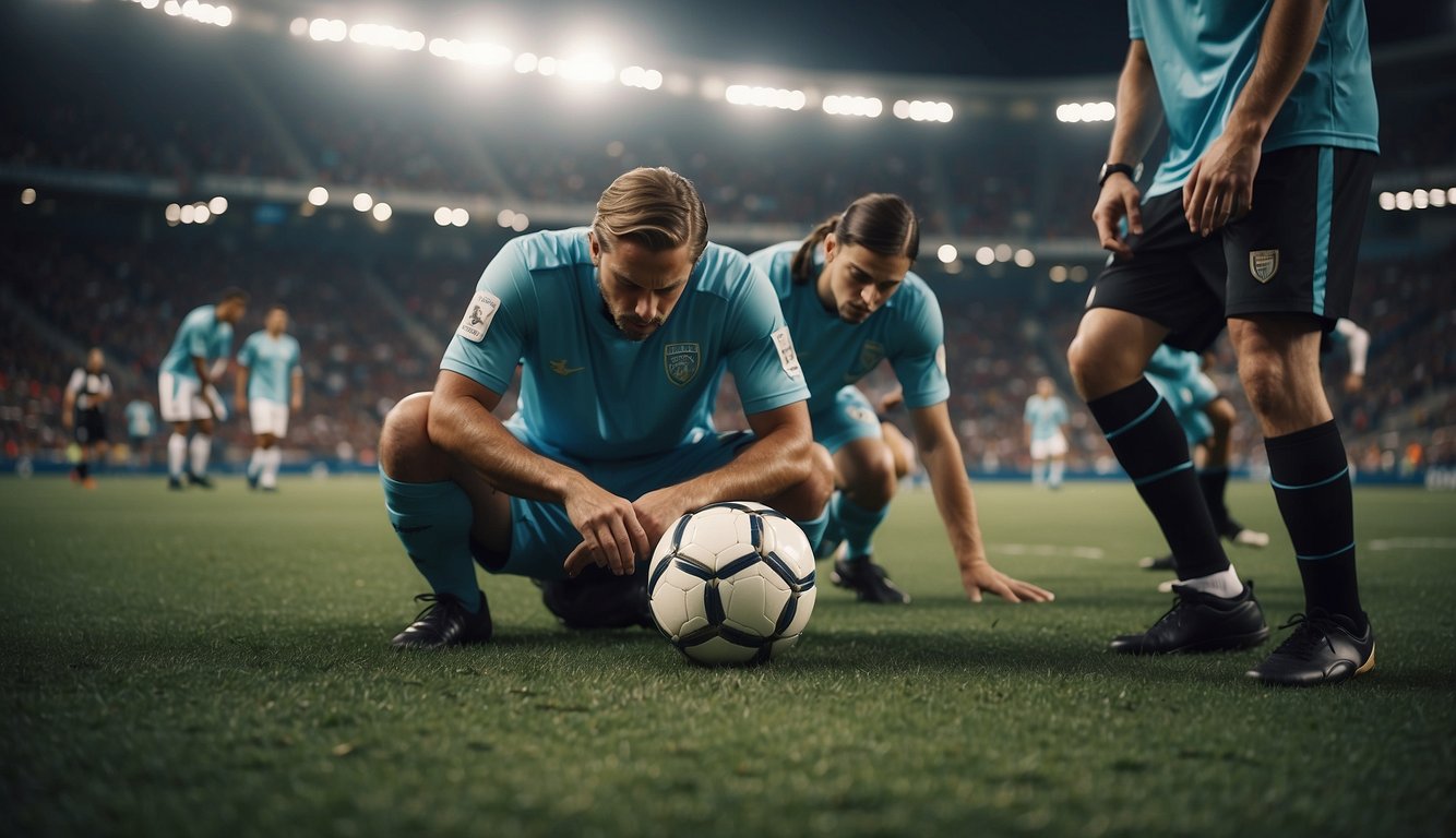 A soccer player clutching their injured knee on the field, surrounded by concerned teammates and medical staff