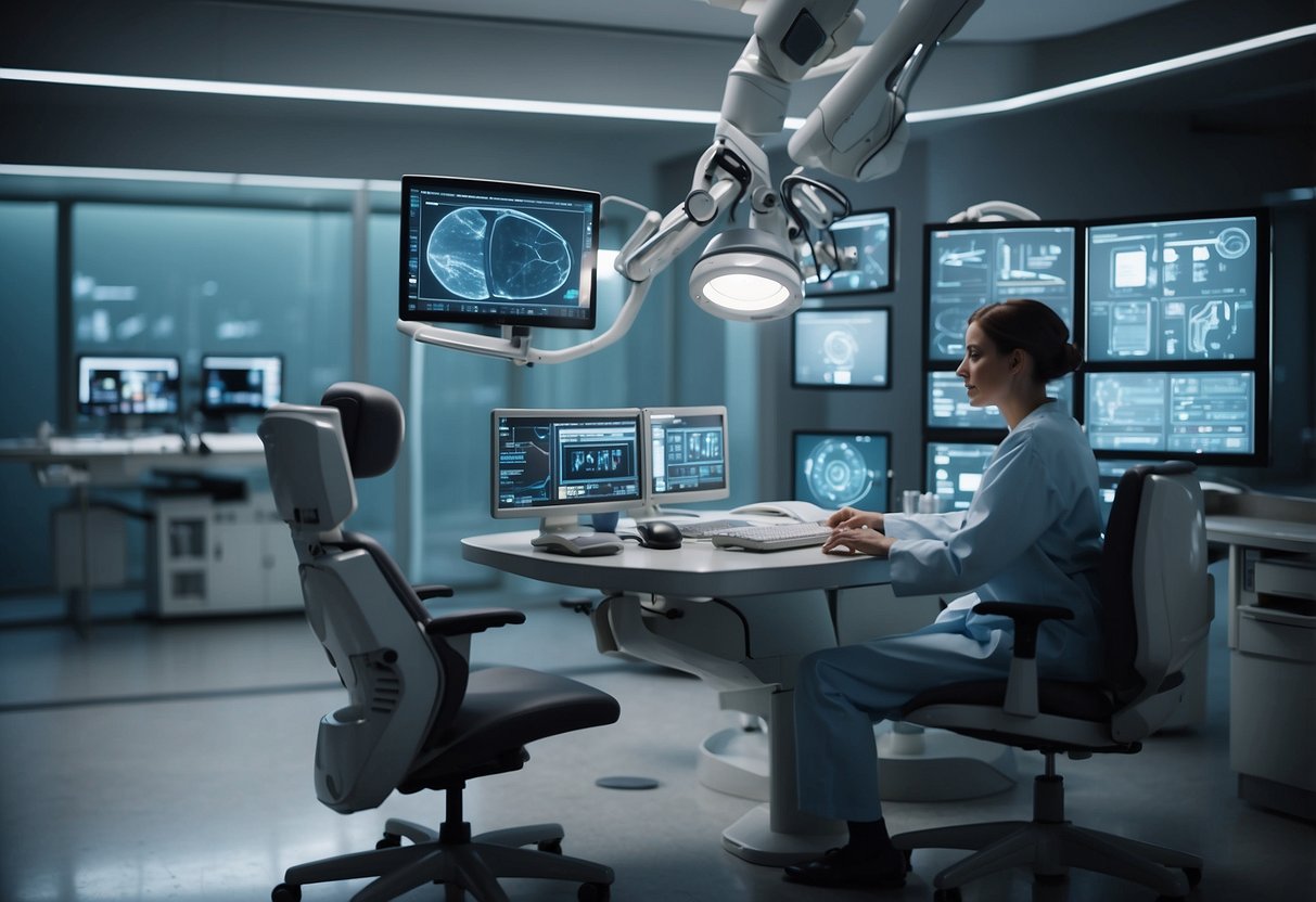 A futuristic hospital room with AI-powered medical devices and computer screens. A doctor interacts with a virtual assistant, while a robotic arm assists with surgery