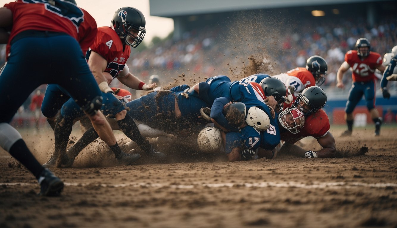 Athletes collide, limbs entangled, as bodies hit the ground in a chaotic sports match