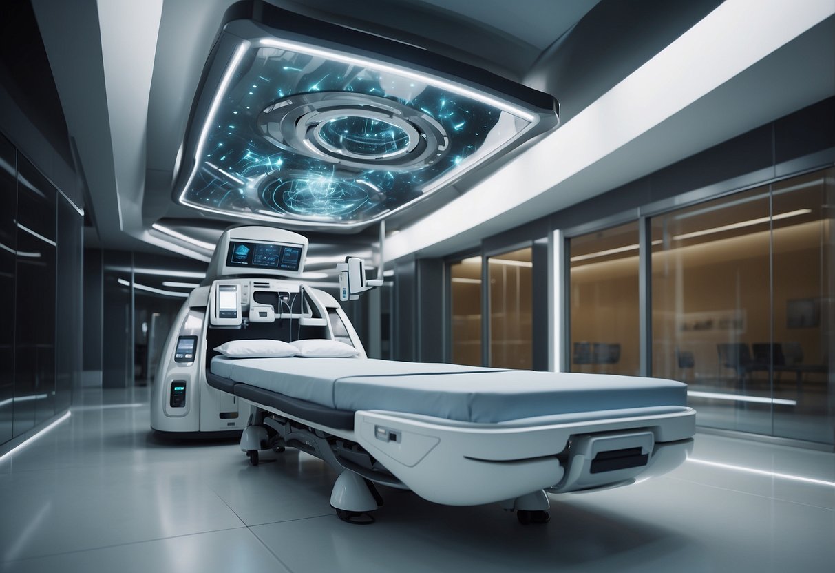 A futuristic medical facility with AI tools and robotics optimizing processes