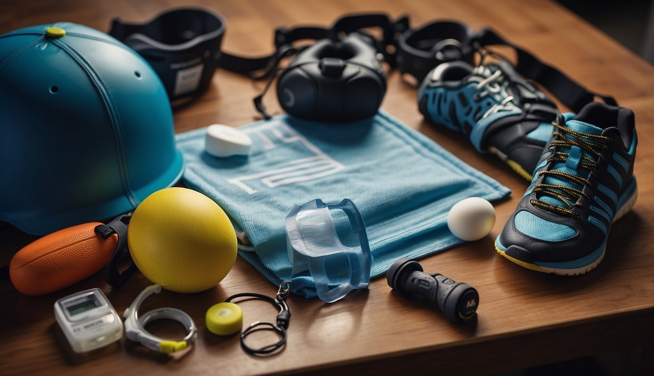 Athletic gear and safety equipment displayed alongside a list of injury prevention tips for high-risk sports