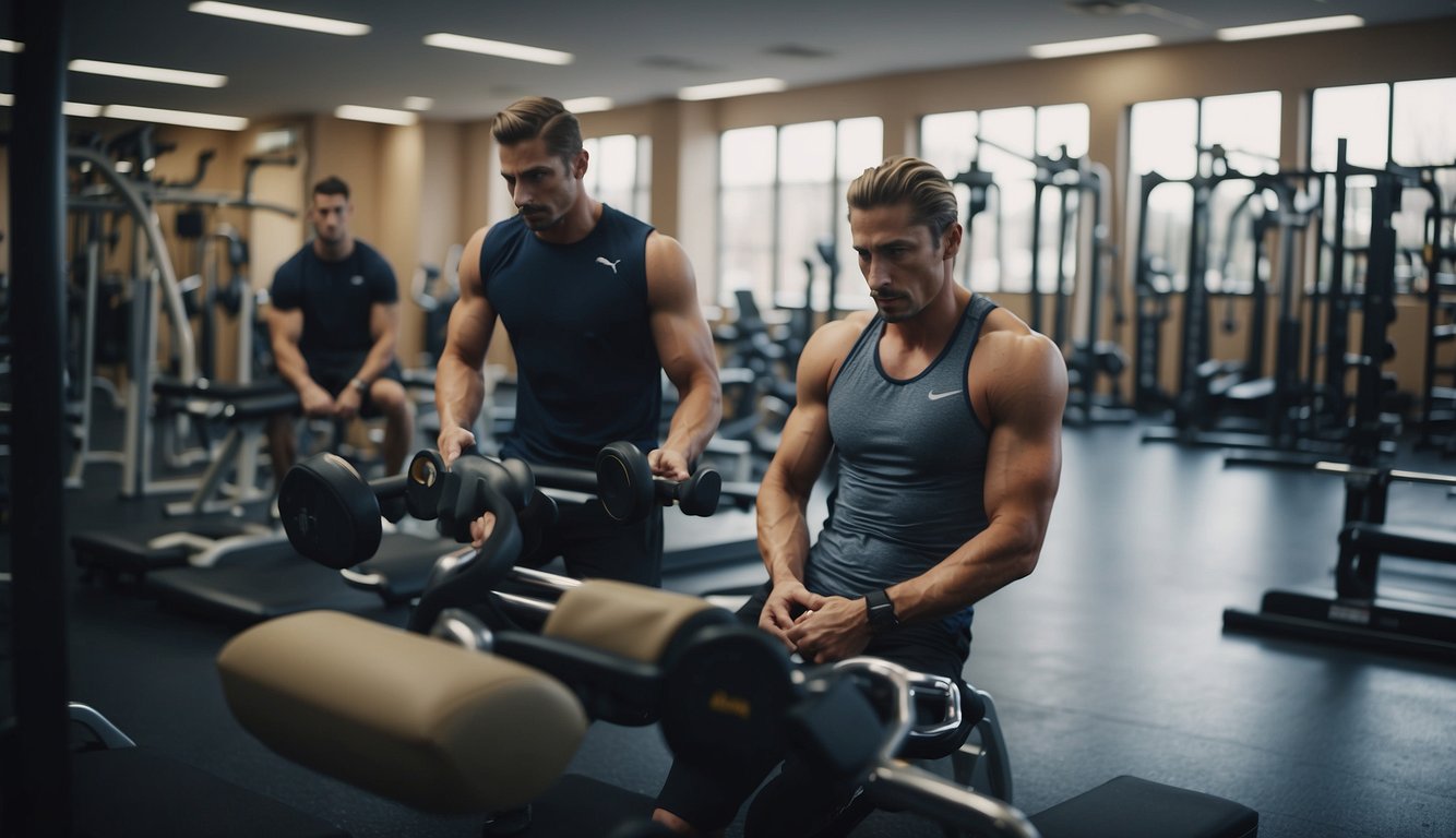 Athletes rehabbing in a gym, surrounded by physical therapy equipment and sports gear. A sense of determination and focus as they work towards returning to their respective sports