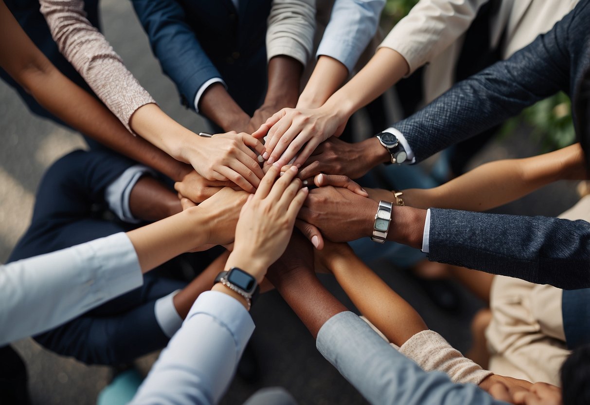 A group of diverse individuals connect and collaborate, showcasing teamwork and support. Seven skills are highlighted, symbolizing the qualities that set the wealthy apart