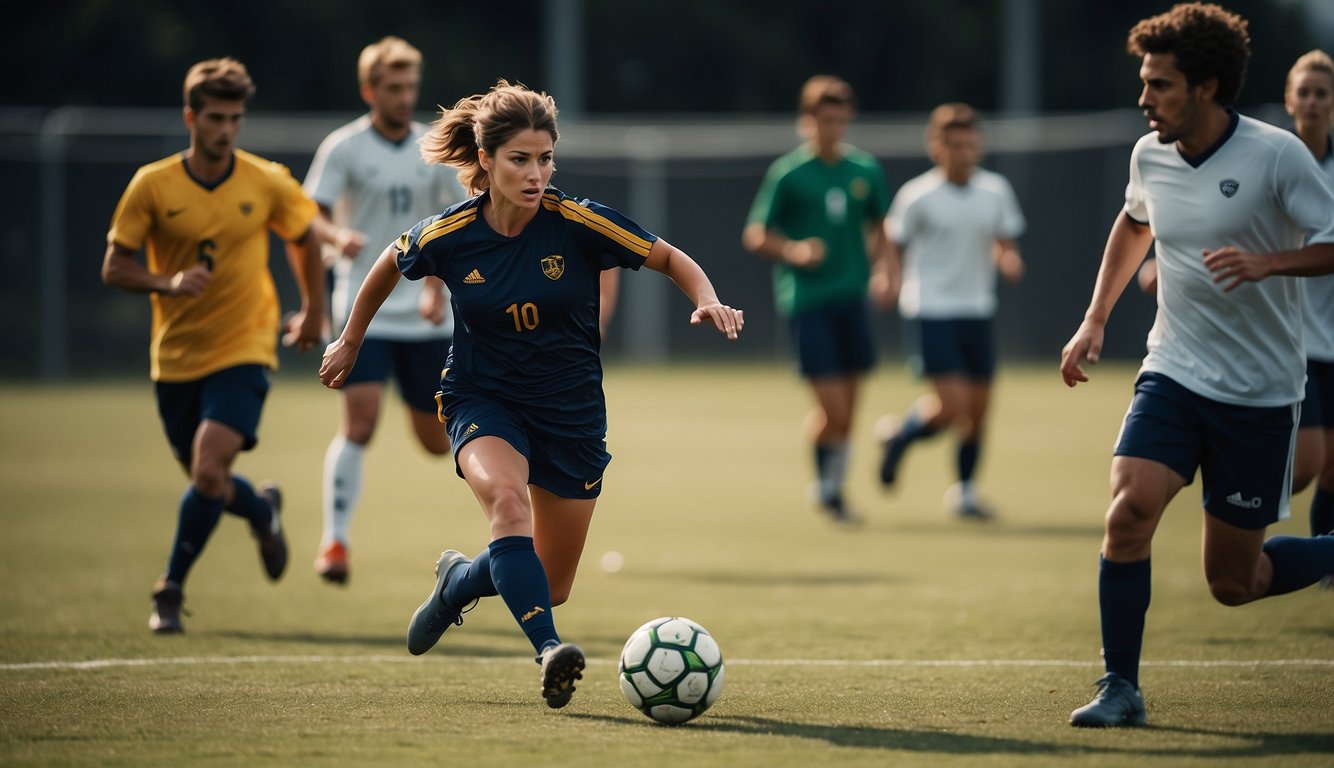 A soccer team competes against a lone tennis player on separate fields, showcasing the contrast between team sports and individual sports