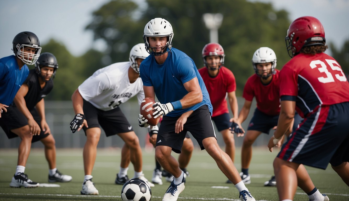 A group of individuals engaged in team sports, while others are focused on individual sports. The team sports group is working together, communicating and strategizing, while the individual sports group is focused on their own technique and skill development