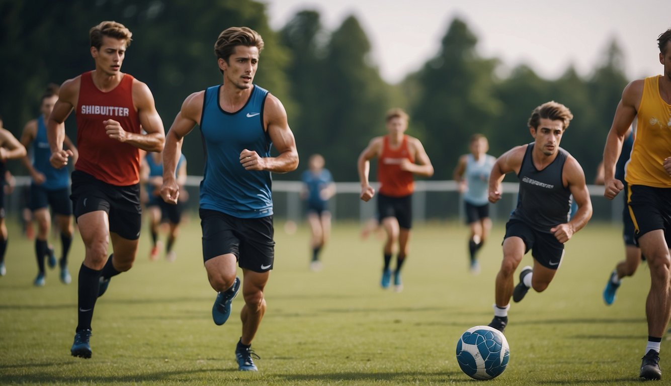 A group of people playing team sports on a field, while others engage in individual sports like swimming or running