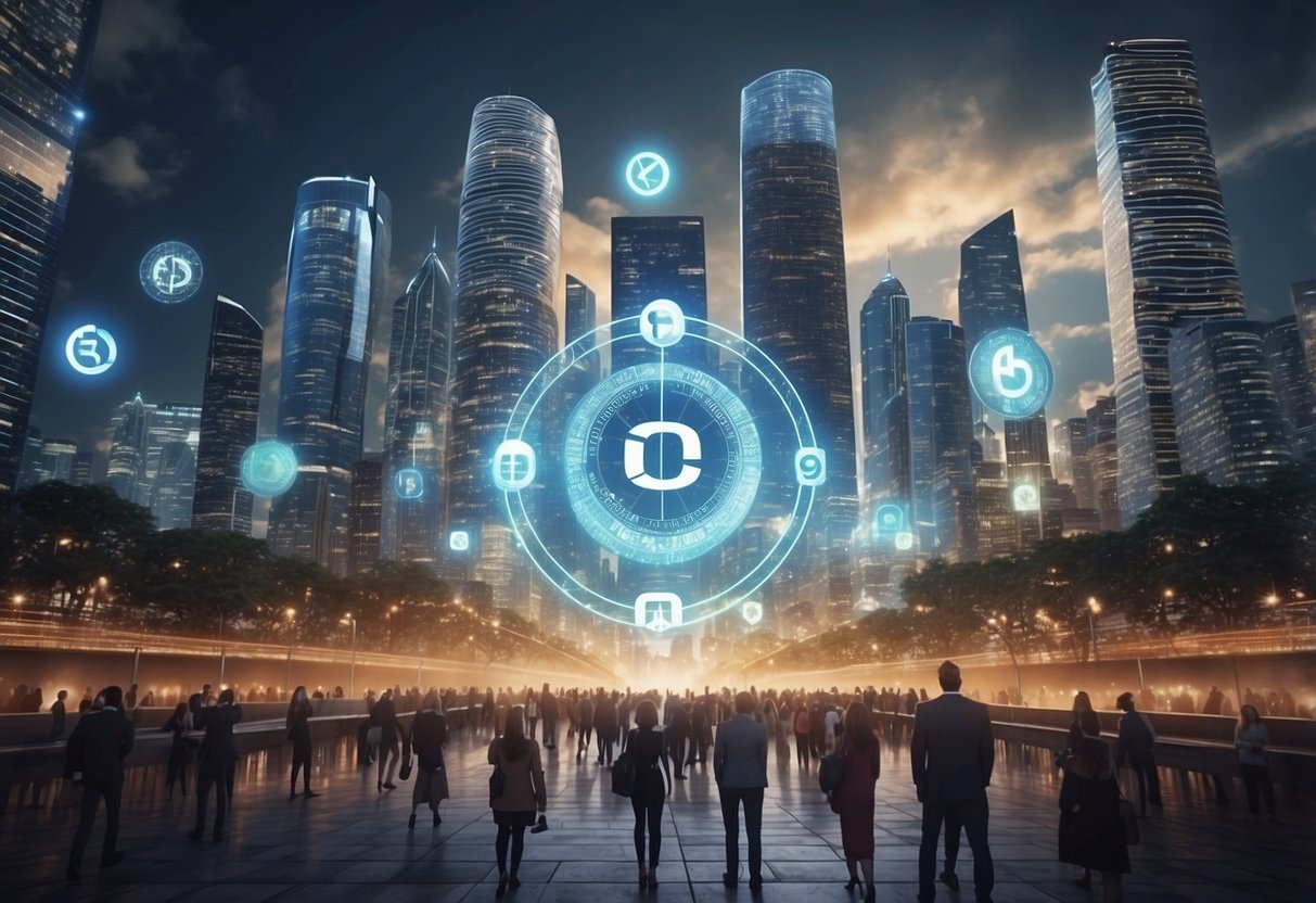 Cryptocurrencies and the New Digital Economy: A futuristic cityscape with digital currency symbols floating above buildings and people engaging in digital transactions