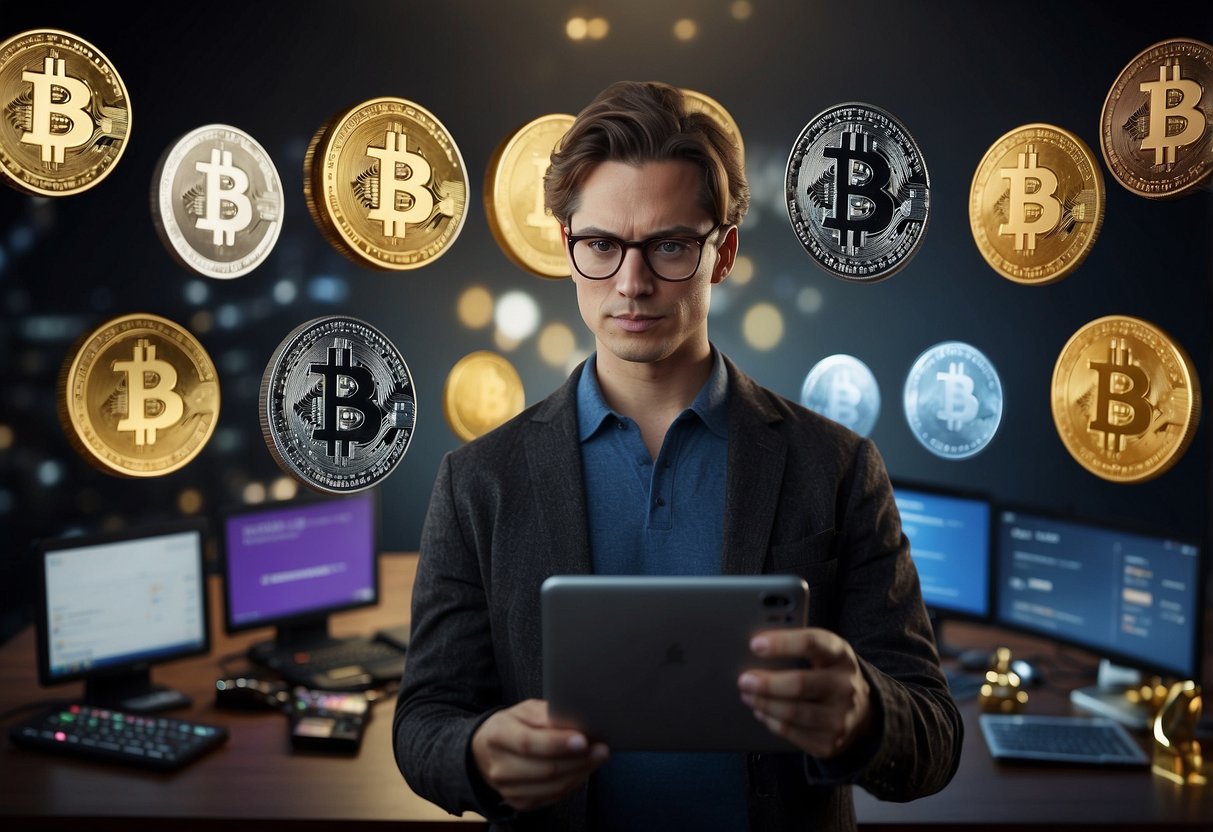 A person comparing different cryptocurrency wallets with a thoughtful expression, surrounded by various wallet options and digital currency symbols