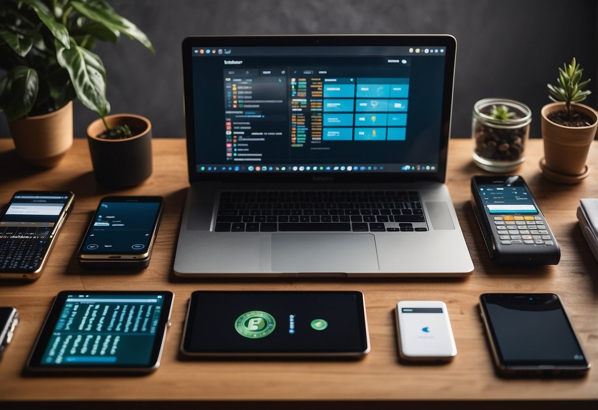 A desk with various types of cryptocurrency wallets, including hardware and software options, displayed neatly for comparison