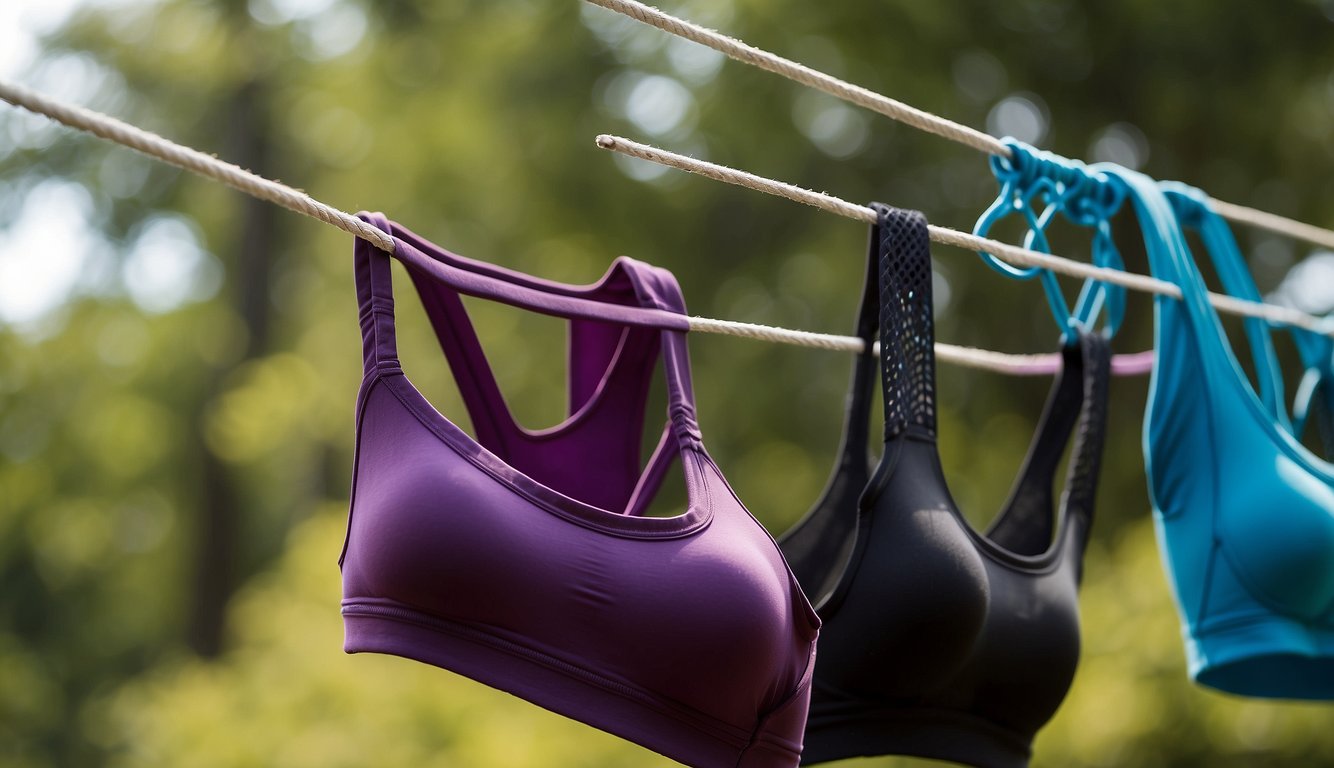 A sports bra and a regular bra hanging on a clothesline, with the sports bra appearing more supportive and structured