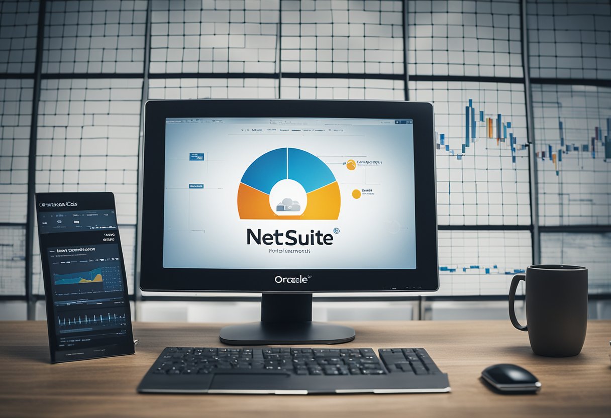 A computer screen displaying the NetSuite Oracle logo with a graph and data charts in the background