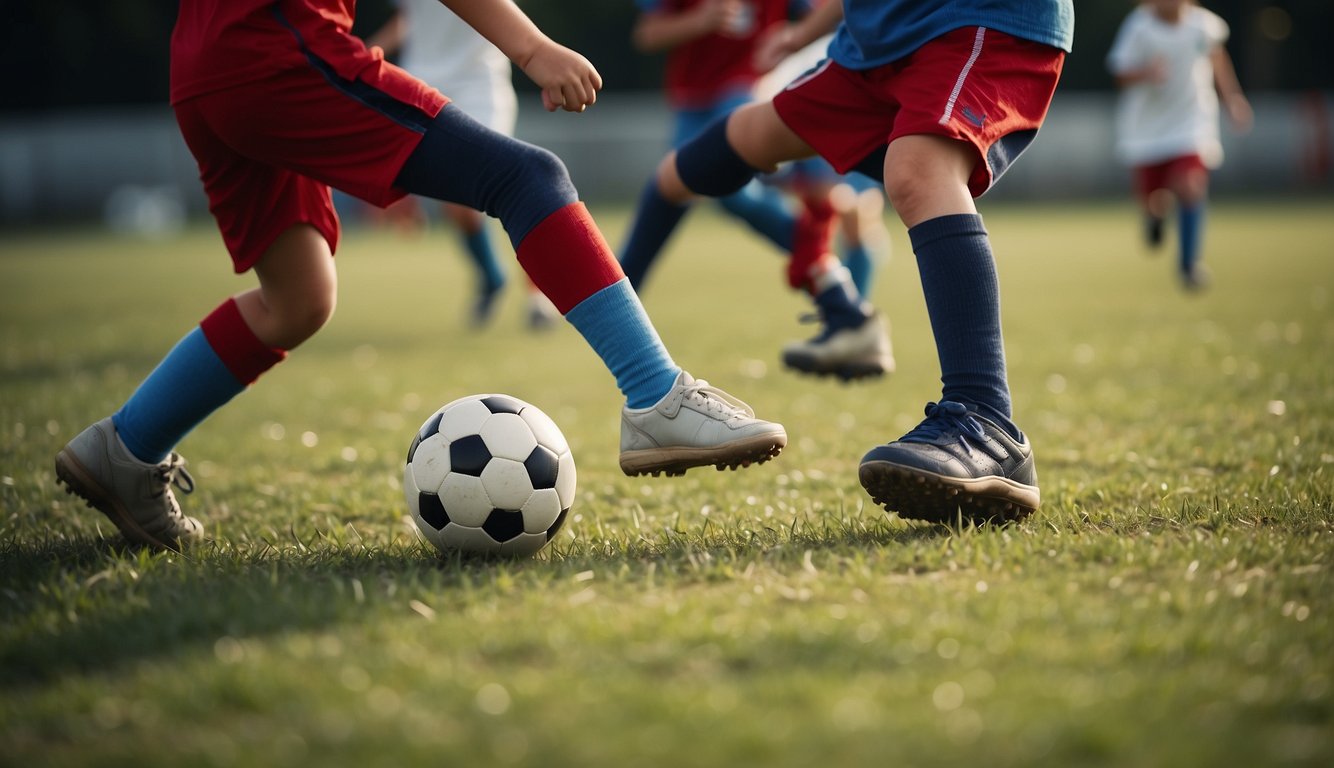 Children playing sports on a field, one child limping with pain in their heel