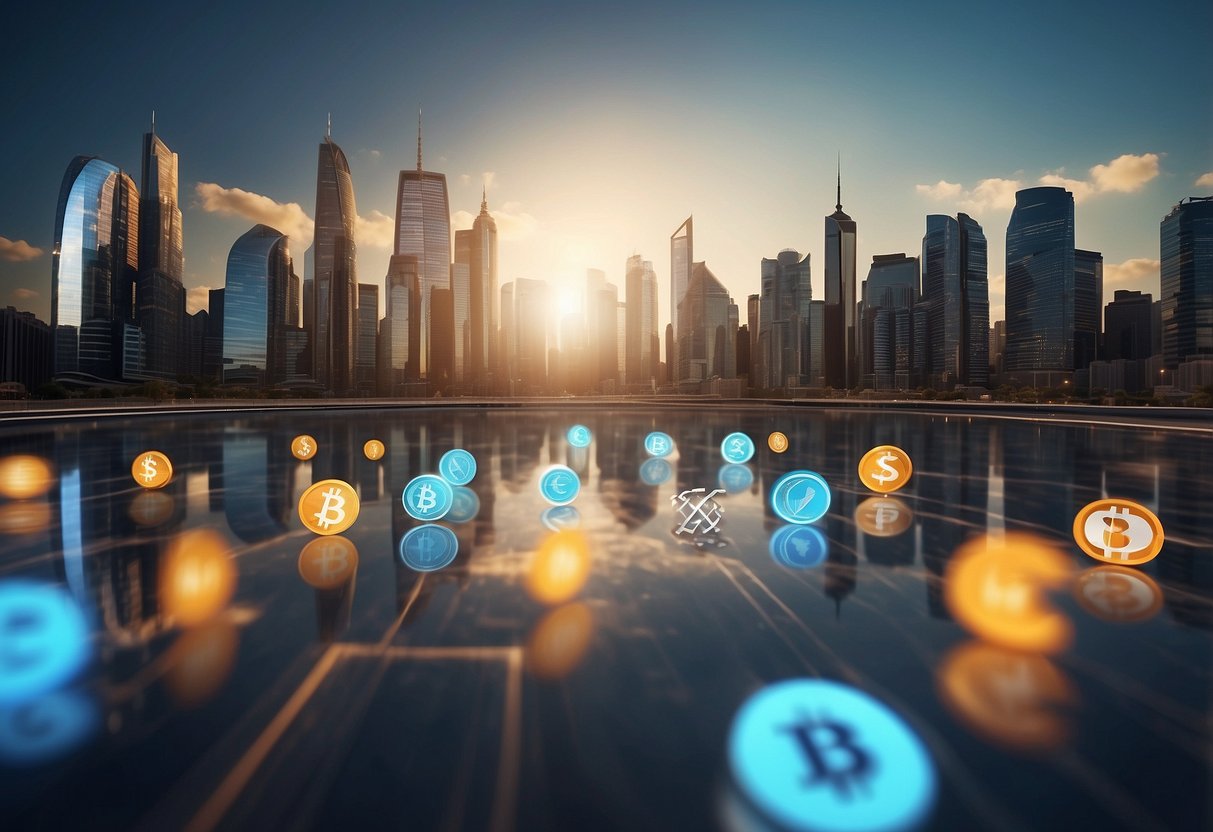 A futuristic city skyline with digital currency symbols floating above charity buildings, showcasing the impact of cryptocurrencies on modern philanthropy