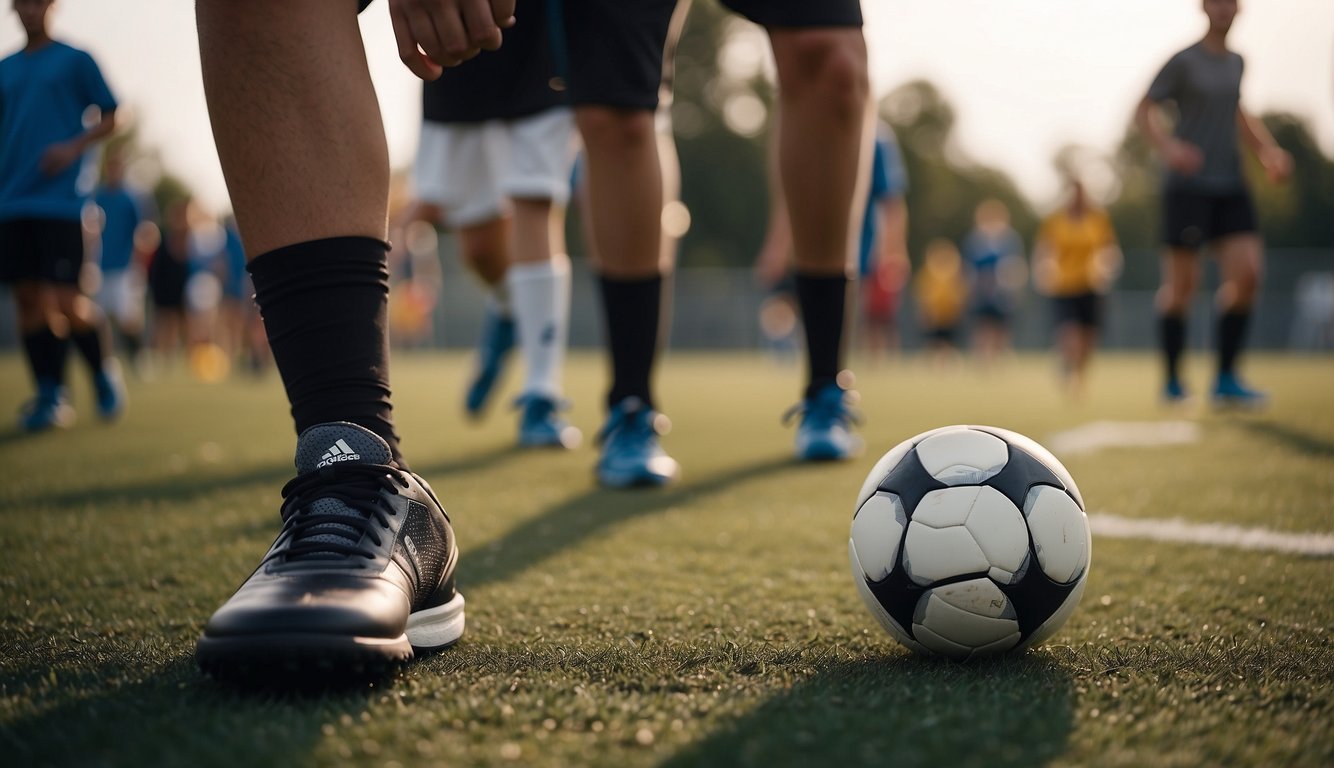 Athletic shoes on a soccer field, with a young person stretching their legs before practice, surrounded by supportive coaches and teammates