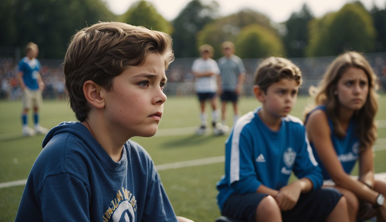 A child with Sever's disease sits on the sidelines, watching friends play sports. They look frustrated and unsure, while a concerned adult looks on, contemplating seeking medical advice