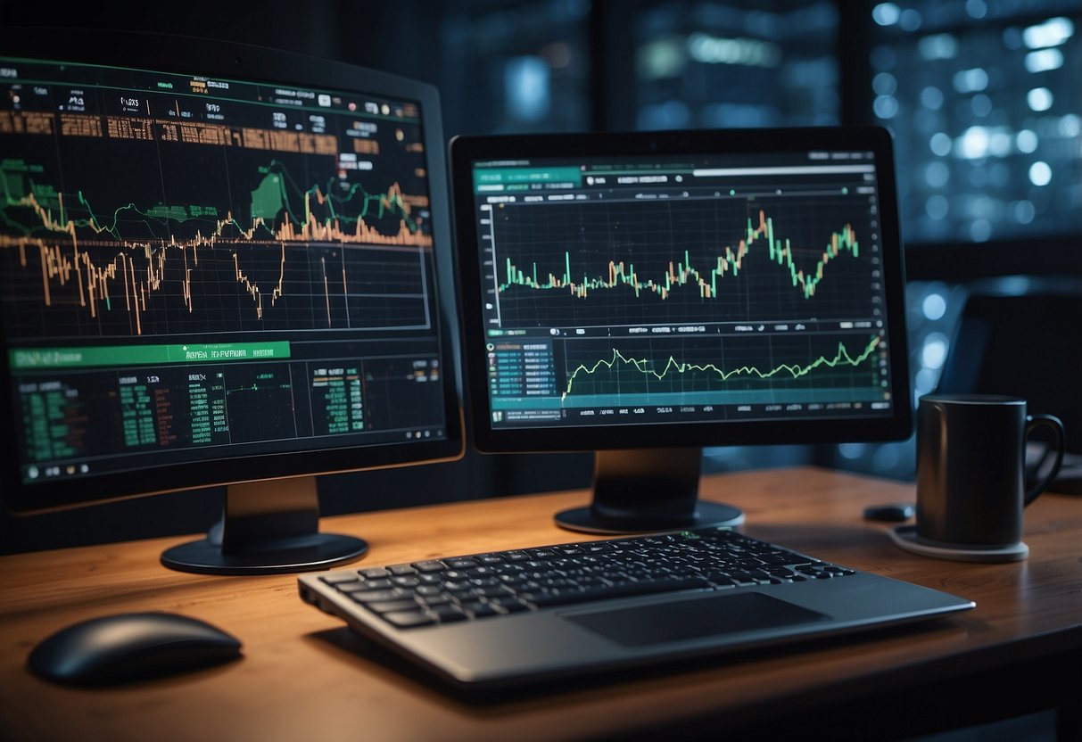 A computer algorithm analyzes cryptocurrency market data, while AI technology predicts future trends