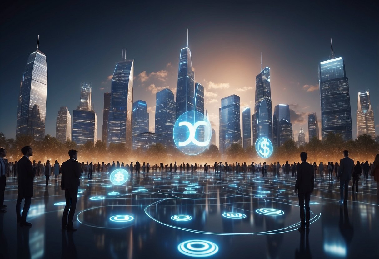 A futuristic cityscape with digital currency symbols floating above skyscrapers, while people use holographic devices to make transactions