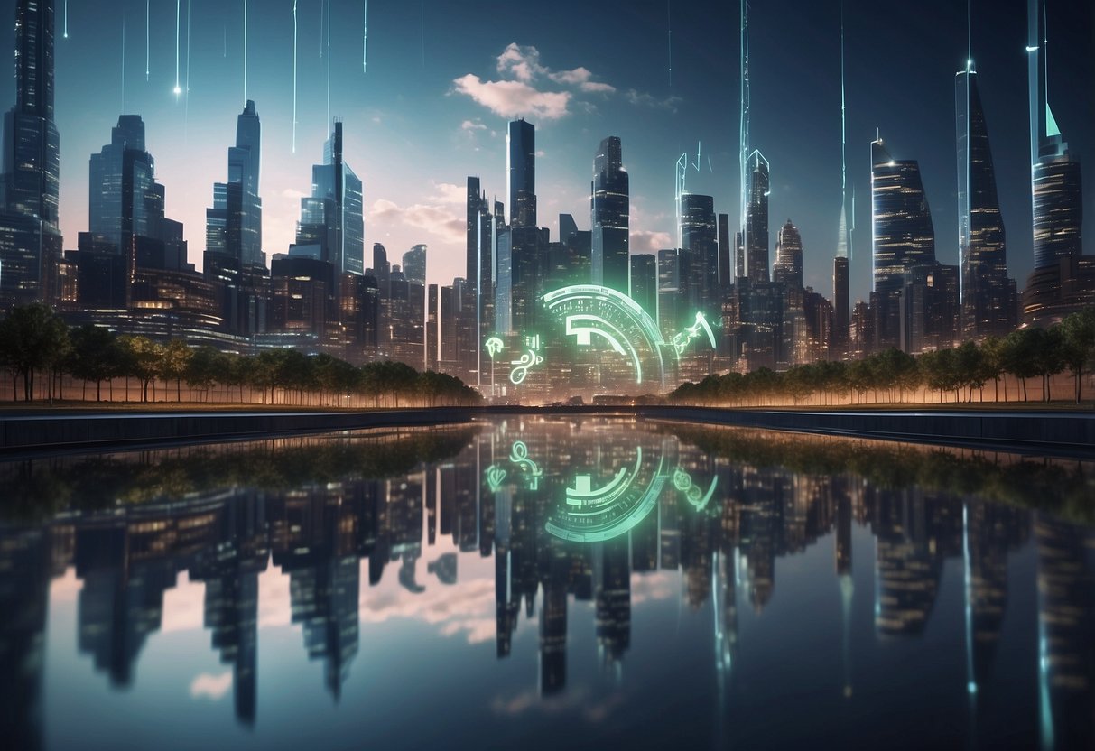 A futuristic city skyline with digital currency symbols floating above buildings, secured by advanced encryption technology