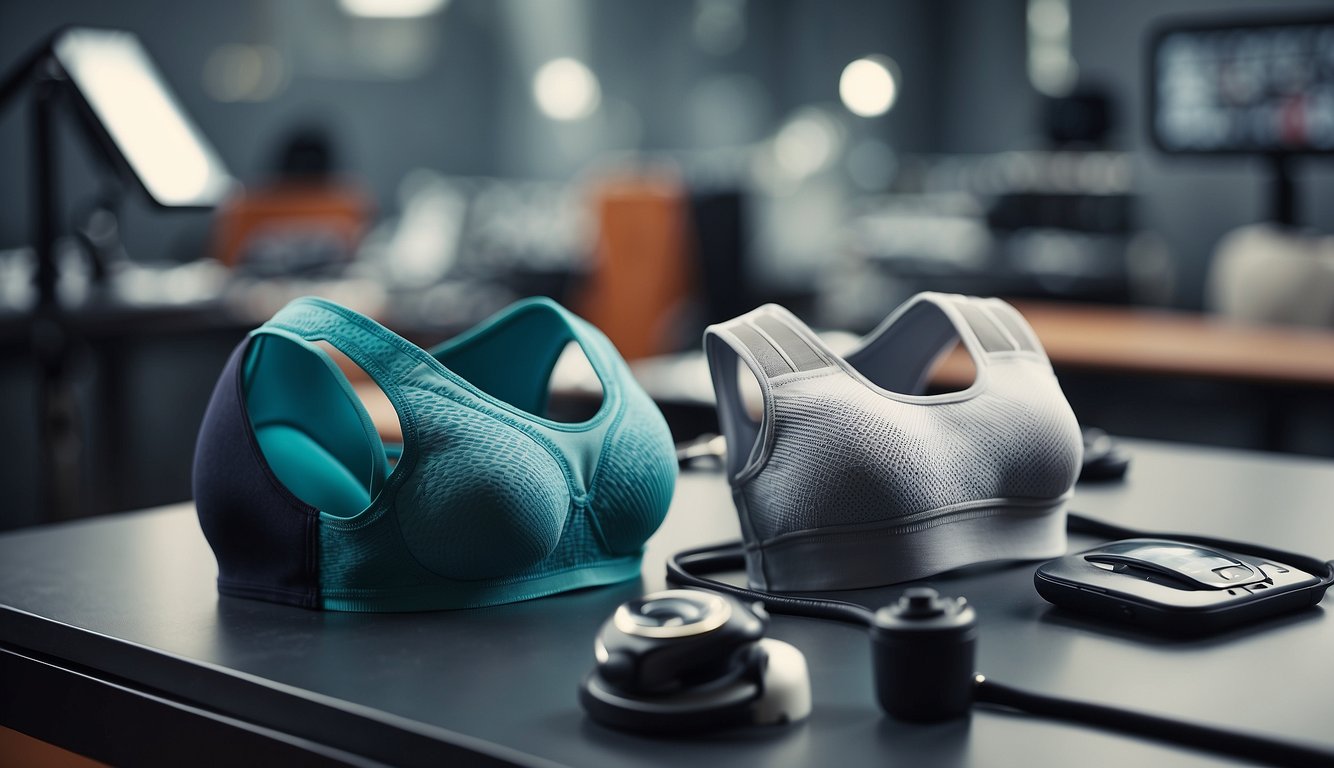 A sports bra lies on a medical table, surrounded by various breast support devices