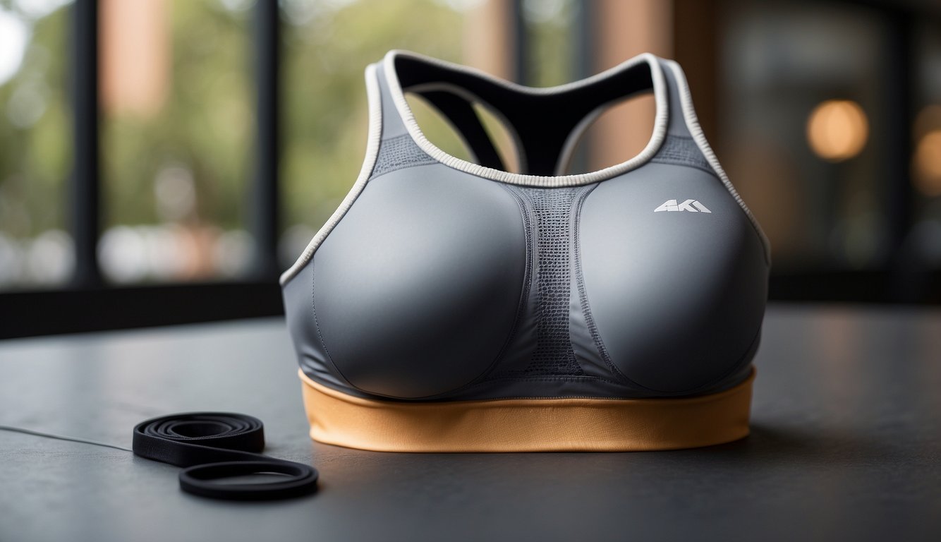 A sports bra lies on a clean surface, with care instructions nearby. No signs of sagging are evident