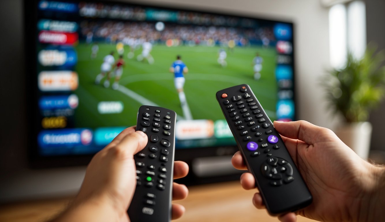 A hand holding a firestick remote, navigating to the sports app on the TV screen, with a dynamic sports game playing in the background